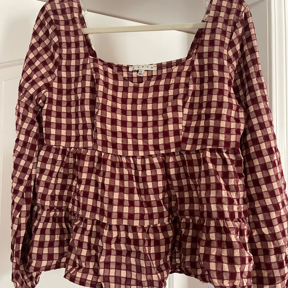 HYFVE Burgundy and Cream Checkered Blouse